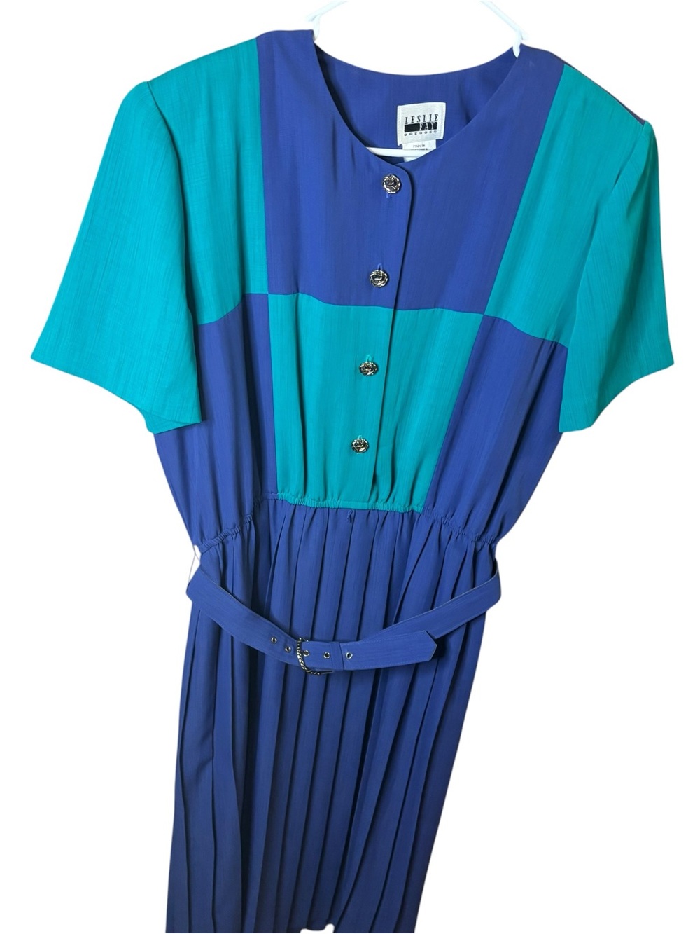Vintage 80’s Leslie Fay pleated Dress with Belt & shoulder pads